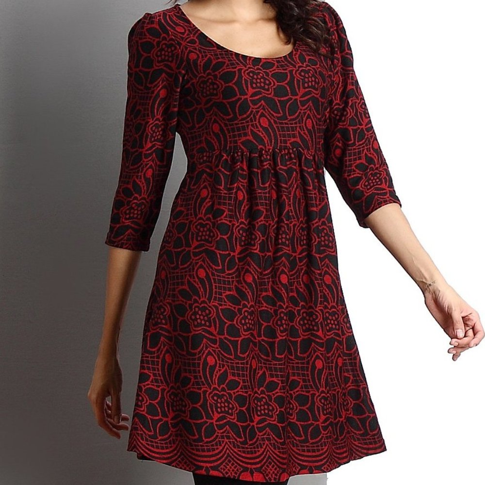 Red Floral Empire-Waist Tunic Dress